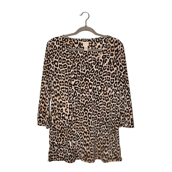 CHICO'S $68 Leopard Print 3/4 Sleeve Stretch Tunic Top Chico's 0 / US Small‎ - Picture 1 of 3